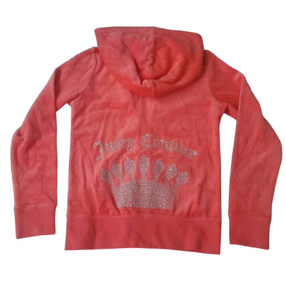 Juicy Couture Girls hoodie sweater size 8 coral‎ pop velour rhinestone pockets